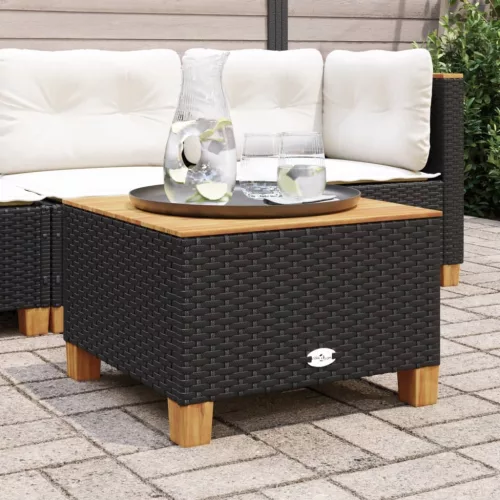  fekete polyrattan és akácfa kerti asztal 55 x 55 x 36 cm