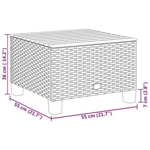  fekete polyrattan és akácfa kerti asztal 55 x 55 x 36 cm