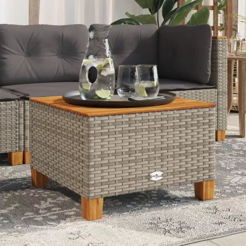  szürke polyrattan és akácfa kerti asztal 55 x 55 x 36 cm