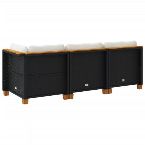  fekete 3 személyes polyrattan kerti kanapé párnákkal