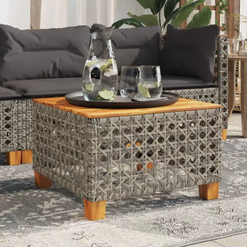  szürke polyrattan és akácfa kerti asztal 55 x 55 x 36 cm