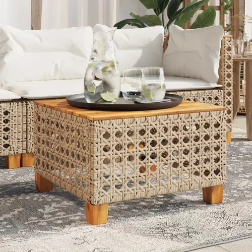  bézs polyrattan és akácfa kerti asztal 55 x 55 x 36 cm