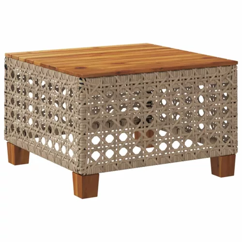  bézs polyrattan és akácfa kerti asztal 55 x 55 x 36 cm