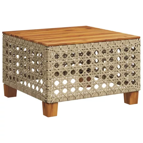  bézs polyrattan és akácfa kerti asztal 55 x 55 x 36 cm