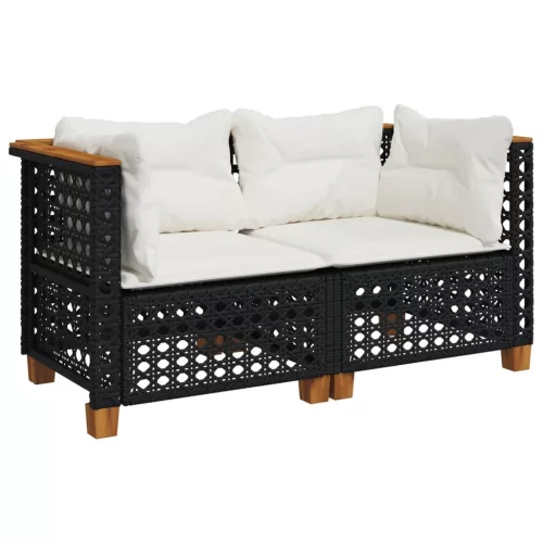  2 db fekete polyrattan kerti sarokkanapé párnákkal