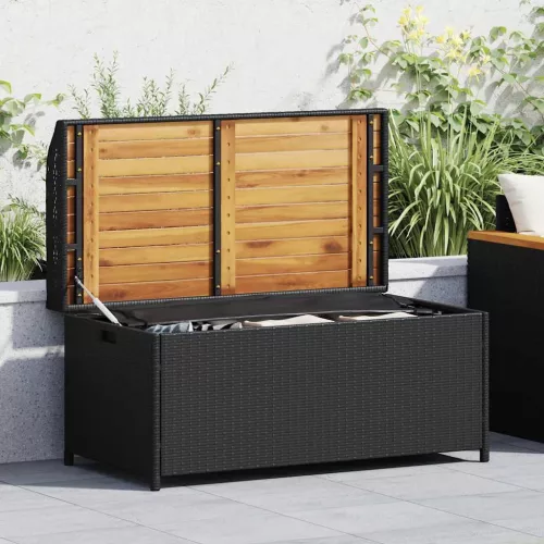  fekete polyrattan és akácfa tárolópad 100 x 50 x 52 cm