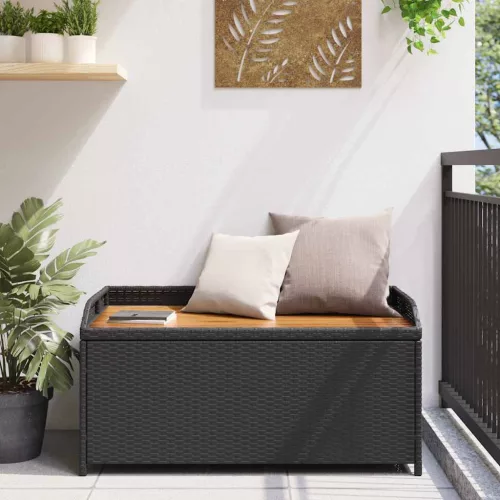  fekete polyrattan és akácfa tárolópad 100 x 50 x 52 cm