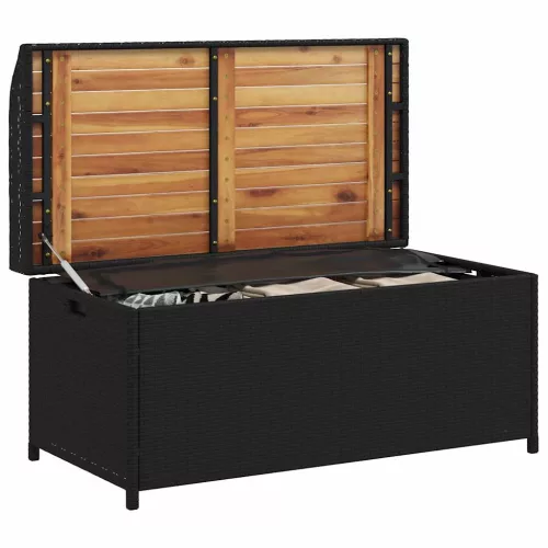  fekete polyrattan és akácfa tárolópad 100 x 50 x 52 cm