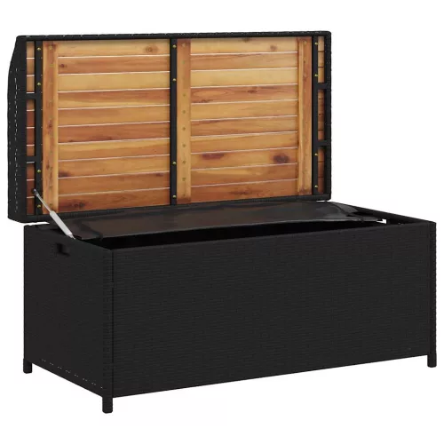  fekete polyrattan és akácfa tárolópad 100 x 50 x 52 cm