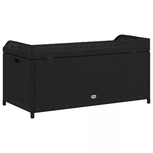  fekete polyrattan és akácfa tárolópad 100 x 50 x 52 cm