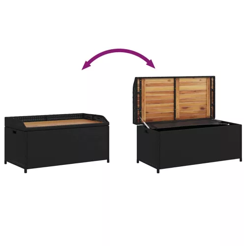  fekete polyrattan és akácfa tárolópad 100 x 50 x 52 cm