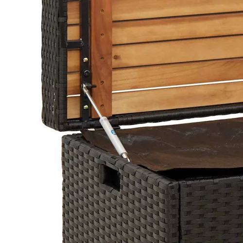  fekete polyrattan és akácfa tárolópad 100 x 50 x 52 cm