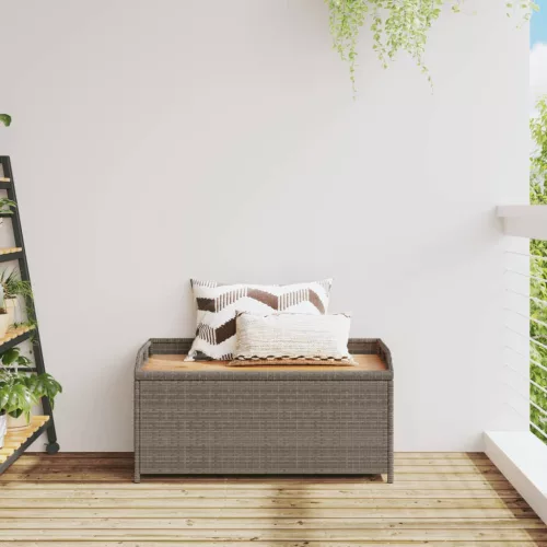  szürke polyrattan és akácfa tárolópad 100 x 50 x 52 cm