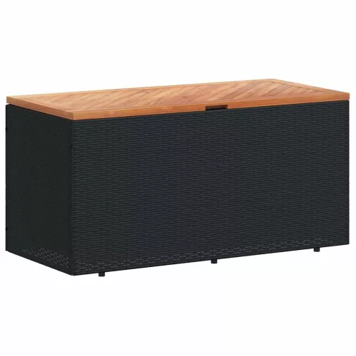  fekete polyrattan és akácfa kerti tárolóláda 110 x 50 x 54 cm