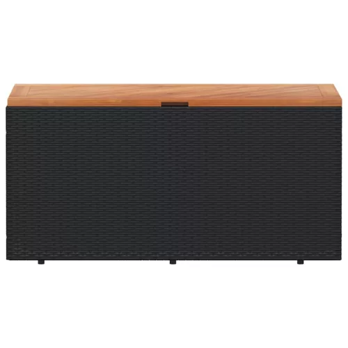  fekete polyrattan és akácfa kerti tárolóláda 110 x 50 x 54 cm