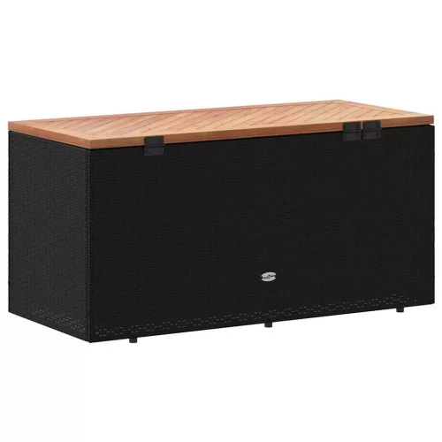  fekete polyrattan és akácfa kerti tárolóláda 110 x 50 x 54 cm