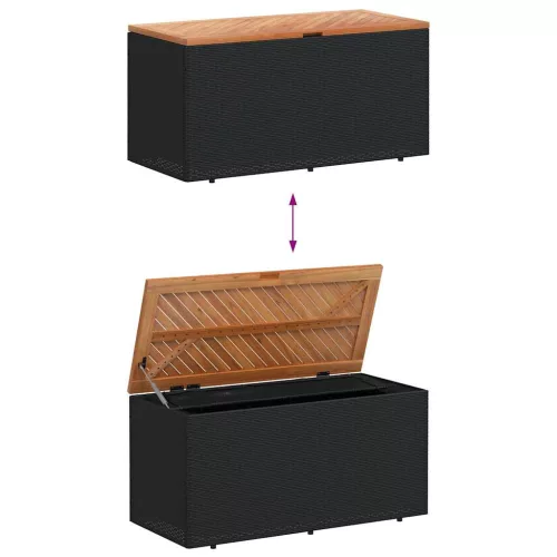  fekete polyrattan és akácfa kerti tárolóláda 110 x 50 x 54 cm