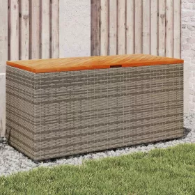    szürke polyrattan és akácfa kerti tárolóláda 110 x 50 x 54 cm
