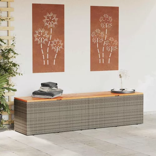  szürke polyrattan és akácfa kerti tárolóláda 220 x 50 x 54 cm