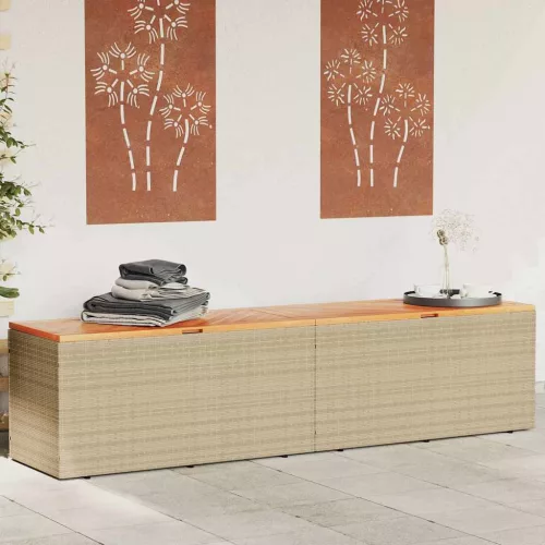 bézs polyrattan és akácfa kerti tárolóláda 220 x 50 x 54 cm