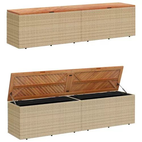  bézs polyrattan és akácfa kerti tárolóláda 220 x 50 x 54 cm