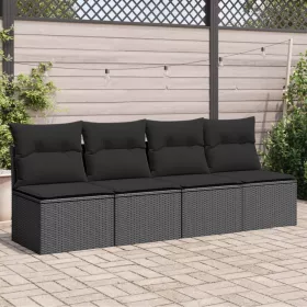  4 személyes fekete polyrattan kerti kanapé párnával
