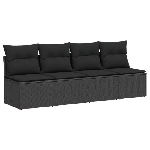  4 személyes fekete polyrattan kerti kanapé párnával