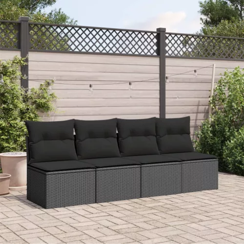  4 személyes fekete polyrattan kerti kanapé párnával