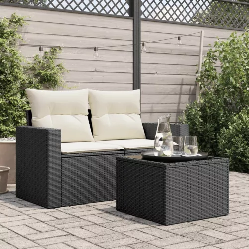 fekete polyrattan üveglapos kerti asztal 55 x 55 x 37 cm
