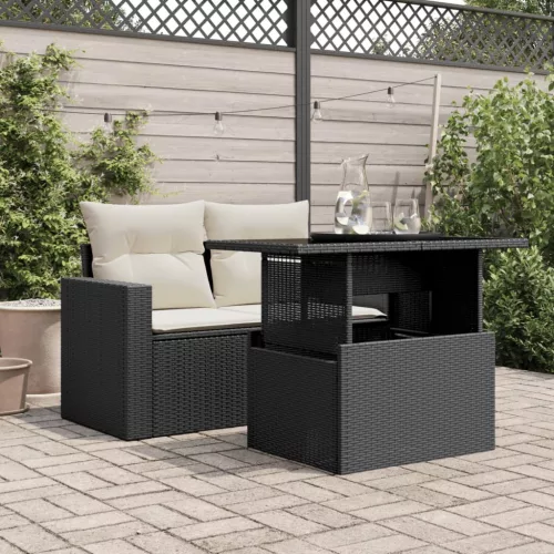  fekete polyrattan üveglapos kerti asztal 100 x 55 x 73 cm