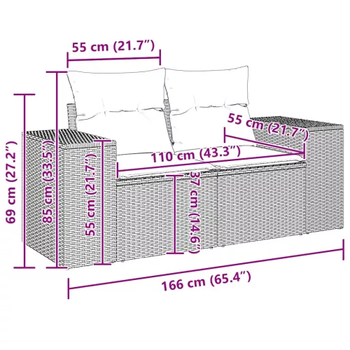  2 személyes fekete polyrattan kerti kanapé párnával