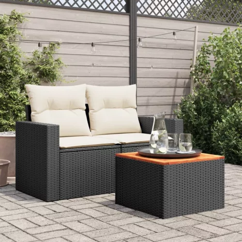  fekete polyrattan és akácfa kerti asztal 55x55x37 cm