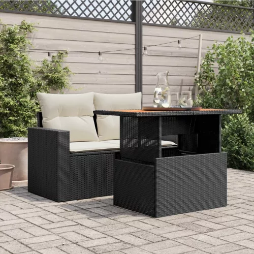  fekete polyrattan és akácfa kerti asztal 100 x 55 x 73 cm