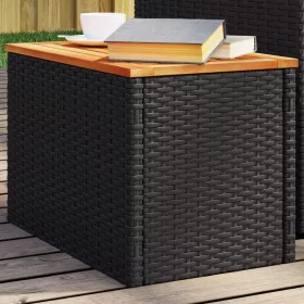    2 db fekete polyrattan és tömör fa kerti kisasztal 55x34x37 cm