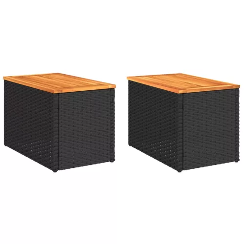  2 db fekete polyrattan és tömör fa kerti kisasztal 55x34x37 cm