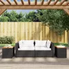  2 db fekete polyrattan és tömör fa kerti kisasztal 55x34x37 cm