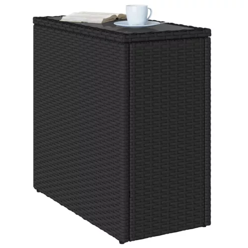  fekete polyrattan üveglapos kerti kisasztal 58 x 27,5 x 55 cm