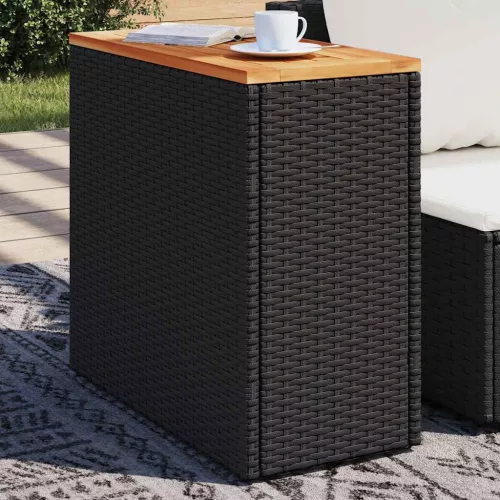 fekete polyrattan kerti kisasztal fa asztallappal 58x27,5x55 cm