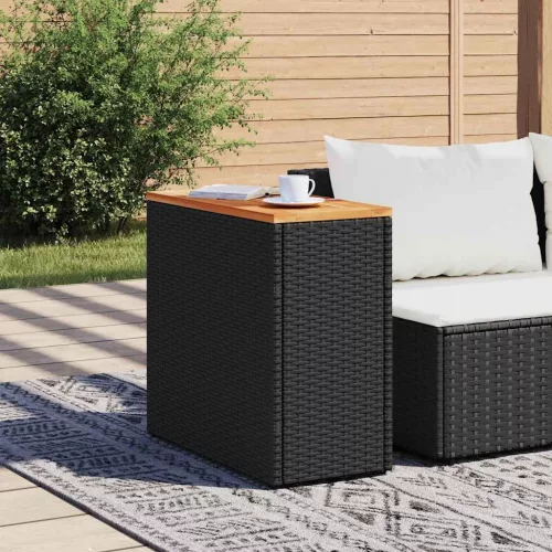  fekete polyrattan kerti kisasztal fa asztallappal 58x27,5x55 cm