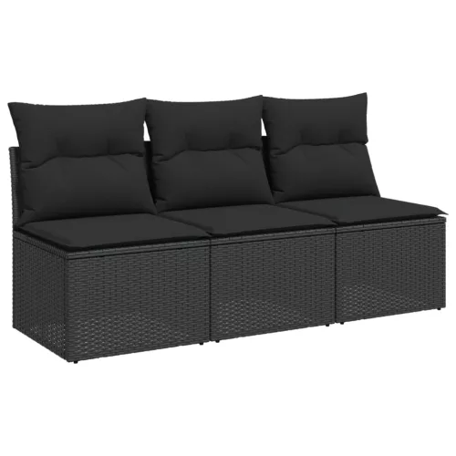  fekete 3 személyes polyrattan kerti kanapé párnákkal