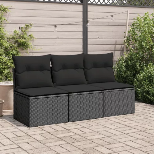  fekete 3 személyes polyrattan kerti kanapé párnákkal