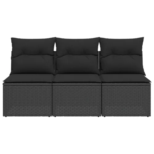  fekete 3 személyes polyrattan kerti kanapé párnákkal