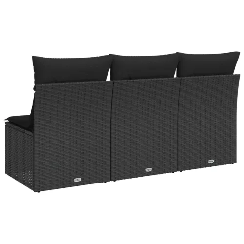  fekete 3 személyes polyrattan kerti kanapé párnákkal