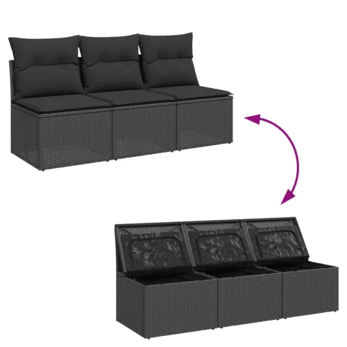  fekete 3 személyes polyrattan kerti kanapé párnákkal