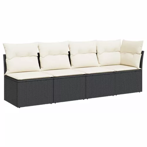  4 személyes fekete polyrattan kerti kanapé párnával