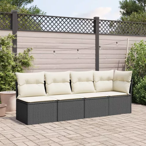  4 személyes fekete polyrattan kerti kanapé párnával