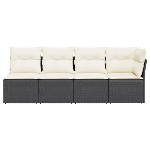  4 személyes fekete polyrattan kerti kanapé párnával