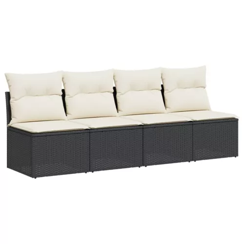  4 személyes fekete polyrattan kerti kanapé párnával