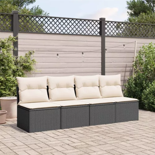 4 személyes fekete polyrattan kerti kanapé párnával