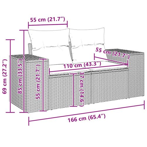  2 személyes fekete polyrattan kerti kanapé párnával